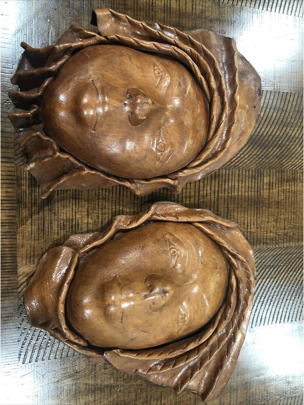 Vtg Pair handcrafted molded leather wall art Beautiful Lady mask Haitian/african